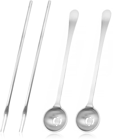 Set di 4 cucchiai per olive e forchette per sottaceti, cucchiaio scanalato in acciaio inossidabile per barattoli di sottaceti, plettri per olive con manico lungo, perfetto per servire olive, sottaceti