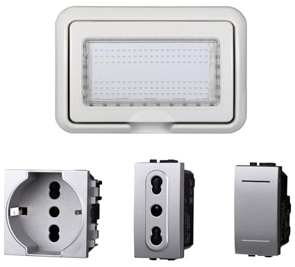 Kit Placca Scatola 504 IP55, 4 Moduli Presa Schuko + Bipasso + Interruttore, Compatibile Con Bticino Living, Colore Grigio, Placca Stagna Idrobox Incasso Da Esterno