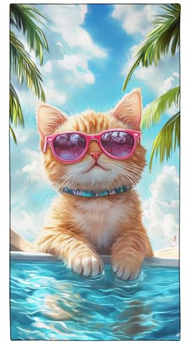 YISUMEI Katze mit Rosa Brille Strandtuch XXL 180x90cm - Schnelltrocknendes Mikrofaserhandtuch mit Tasche, Saugstark Sandfrei - Leichtes Reisehandtuch für Strand, Pool