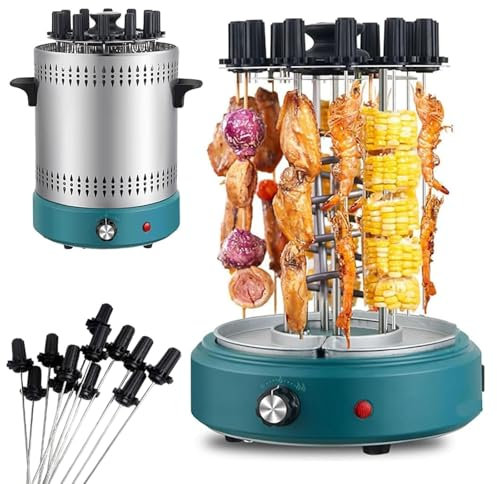 JOSBY Parrilla eléctrica Vertical de 1200 W, rotación automática de 360°, sin Humo, con Capacidad para 12 brochetas, pequeña Parrilla Vertical para Barbacoa, Ajuste de Temperatura de 2 velocidades