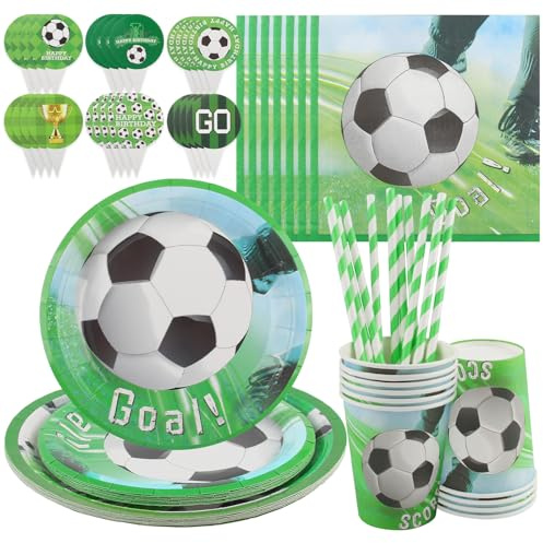 CHENYU Juego de 84 decoraciones de cumpleaños con temática de fútbol, sirve para 10 invitados, vajilla de fiesta de fútbol verde, incluye decoraciones de fútbol, platos de cena, platos de postre