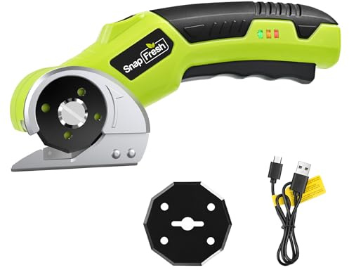 SnapFresh Cardboard Cutter Electric Scissors 4V Rotary Cutter Cordless with 2 Self-Sharpening SKS7 Blades, 2000mAh Battery, LED Light for Cardboard, Package, Leather, Carpet, Plastic, Box Cutting