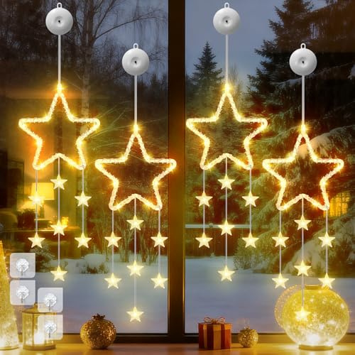Dankeled LED Sterne Weihnachtsbeleuchtung, 4 Stück Weihnachtsstern Fenster Lichterkette, Warmweiß Lichtervorhang Innen Batteriebetriebene mit Timer,8 Modi für Weihnachtsdeko Balkon Fest Party Hochzeit