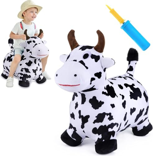 Mucca Gonfiabile Saltellante per Bambini – Animale Cavalcabile Gonfiabile con Rivestimento in Peluche, Giocattolo Saltellante per Interno ed Esterno, Regalo Perfetto per Bimbi 18 Mesi - 4 Anni