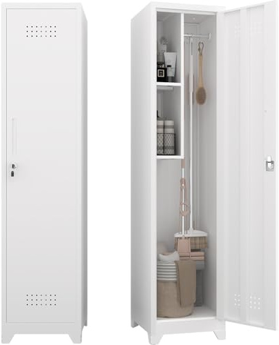 GEDELITE Metal Garage Storage Cabinet,Broom Closet Storage Cabinet,Utility Closet Cabinet for Broom,Garage,Kichen,White