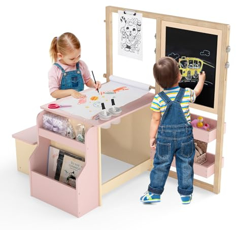 COSTWAY 2 en 1 Bureau Enfants en Bois avec Banc & Etagères, Tableau Enfant Double Face Réglable avec Rouleau de Papier & 5 Craies, Table à Dessin Enfants de 3 Ans+, Charge 50kg (Rose)