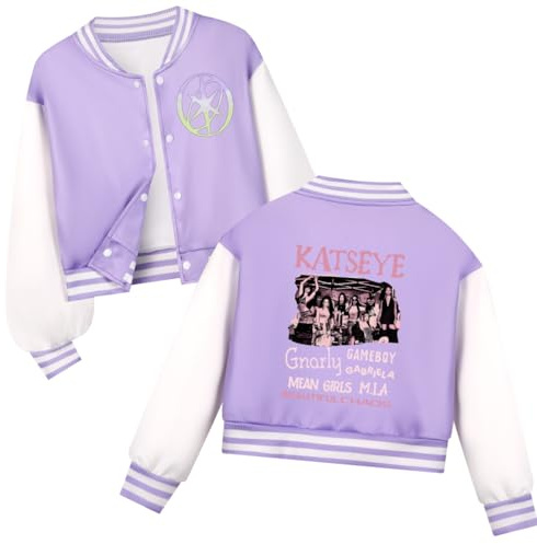 Temolie KATSEYE Camiseta de Béisbol para Niñas Chaqueta con Botones de Manga Larga Sudadera Gráfico de Álbum Musical Mercancía Katseye, Morado (, 11-12 años