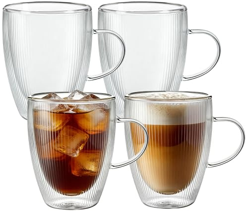 Set of 4 Double Walled Glass Mug Set, 350ml Double Walled Insulated Drinking Glass Coffee Mugs with Handle, Insulated Layer Coffee Cups, Clear Glass Mugs for Latte, Cappuccinos, Tea Bag, Juice