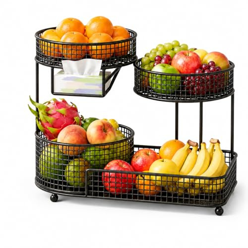 auvstar 3-Ebenen Metall Obstkorb Schwarz mit Papiertuchhalter, Großvolumiger Hängender Obstkorb Luftdurchlässig für Obst Gemüse, Küche Wohnzimmer Schlafzimmer Aufbewahrung