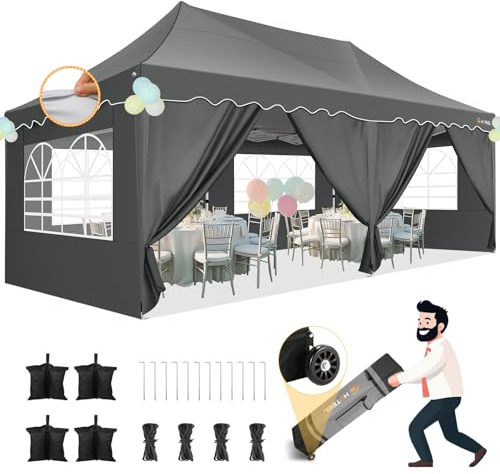 HOTEEL Faltpavillon 3x6 Wasserdicht Stabil mit 6 Seitenwänden (Grau) | Pop Up Pavillon Wellensaum, UV Schutz 50+ Verdicktem Rahmen, für Hochzeiten, Partyzelt, Terrasse mit Handtasche & 4 SandsäCke