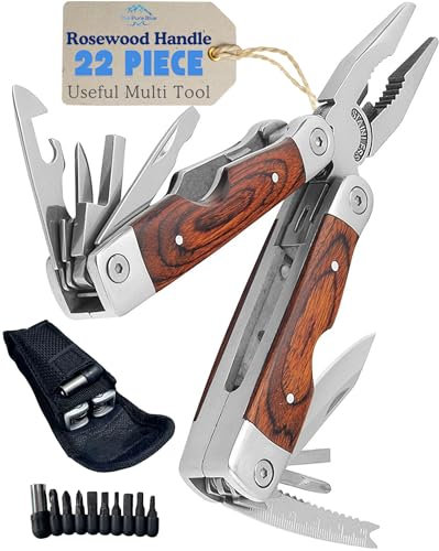 Rosewood Multi Tool, 22 in 1 Tools, Tough Multitool Belt Pouch, Needle & General Pliers, Screwdrivers - Phillips & Flathead, 10 Piece Bit Set, File, 2 Inch Rule, Can Opener, Bottle Opener