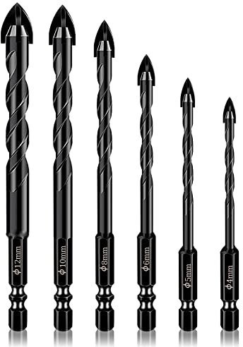 Tile Masonry Drill Bits Set, 6 Pcs Tile Concrete Brick Glass Drill Bit for Drilling Tiles Carbide Ceramic Brick Walls 4mm, 5mm, 6mm, 8mm, 10mm, 12mm