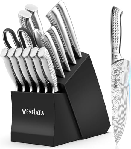 MOSFiATA Messerblock Set 17pcs, Küchenmesser Set Scharf Edelstahl und Schere, Profi Kochmesser Set, mit Fingerschutz und Geschenkboxen