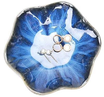 HOKMOKQOK Piatto porta anelli foglia blu ceramica, vassoio per gioielli, ciotola per chiavi, porta gioielli, decorazione per comodino per tavolo