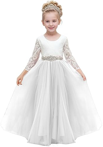Aibaowedding Vestito da bambina con fiori, in pizzo, schiena a V, tutù, tulle, abito da principessa, abito da festa, con fascia per la prima comunione, elegante abito lungo da ballo, bianco, 10-11