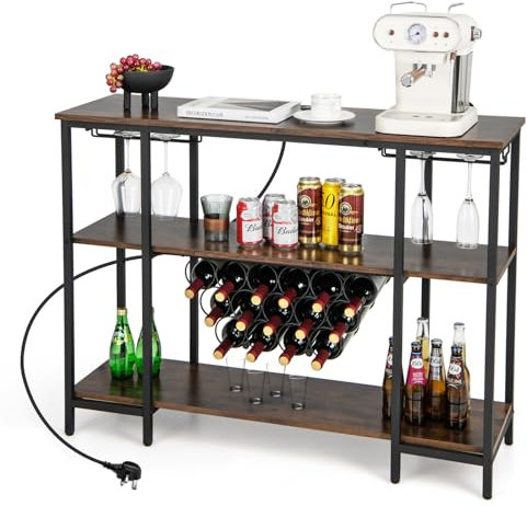 TANGZON Wine Bar Cabinet, 15 Bottle 3-Tier Wine Rack Table with 2 AC Outlets, 2 USB Ports, Glass Holders & Anti-tipping Device, Freestanding Home Bar Drinks Storage Sideboard Unit (Rustic Brown)