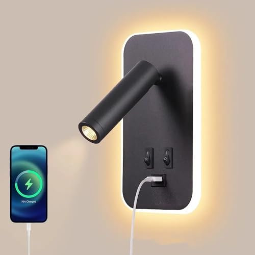 ELINKUME LED Lese Wandleuchte mit Doppelschalter,330°Verstellbare Wandleselampe mit USB-Anschluss,13W Nachttisch Wandlampe 3000K Warmes Licht für Korridor Schlafzimmer Treppe(Rechteckig,Schwarz)