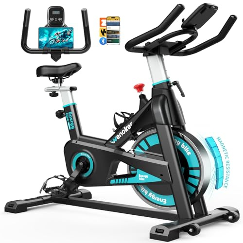 Wenoker Bicicleta Estática, Bicicleta Estatica Magnética Silenciosa con Pantalla LCD, Resistencia Ajustable de 0 a 100%, Asiento Cómodo, Portabotellas y Capacidad de Carga de 160 kg