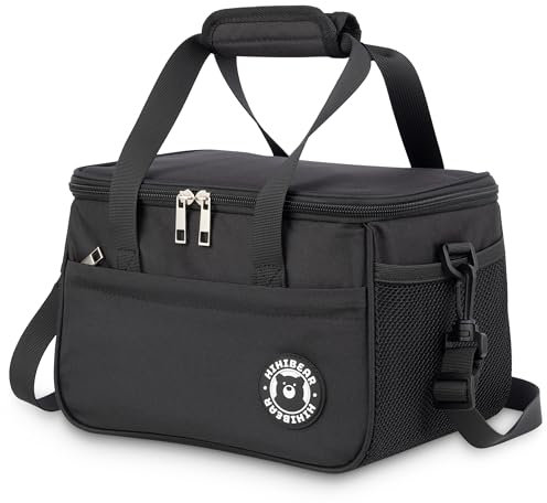 HIHIBEAR Kühltasche 9L [ Auslaufsicheres PEVA-Futter ], Lunchbox Tasche, Doppelgriff Lunchtasche Isoliert, Kühltasche Faltbar, Lunchbag, Tragbar Lunch Tasche Arbeit Reisen Büro Picknick (Schwarz, 9L)