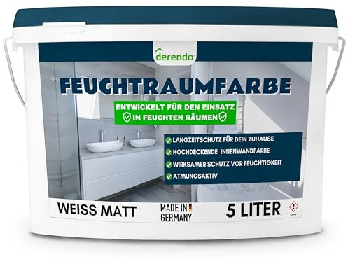 derendo Feuchtraumfarbe für Bad, Küche & Wohnräume, Wandfarbe weiß mit Langzeitschutz vor Feuchtigkeit Atmungsaktive Farbe feuchtigkeitsregulierend 5l Weiß, hohe Deckkraft (5 Liter)