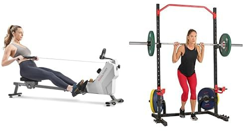 Sunny Health & FitnessCompact Folding Magnetic Rowing Machine w/ 109 cm Slide Rail, 130 KG Max + Power Zone Squat Stand Rack Power Cage - SF-XF9931