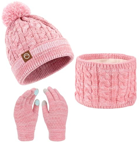 Fiohiros Girls Winter Hat Scarf Gloves Set, Kids Soft Warm Hat Neck Warmer Mittens for 4-10 Years Old Girls (Light Red)