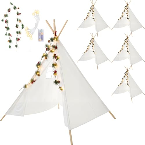 Kigley 6 Sets Teepee Tents, Cotton Playhouse with 10 ft String Light 6.6 ft Vines, Ideal for Indoor, Beach, Garden, Backyard Party Decor