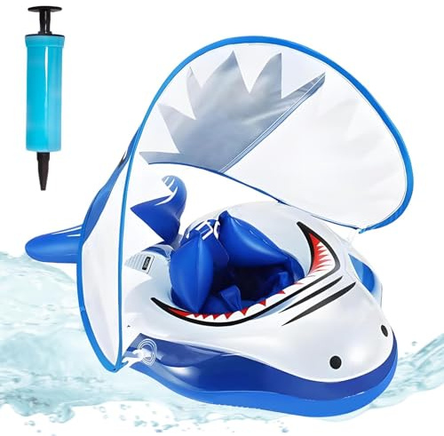 XIMEY Baby simring med soltak, simring för bebis från 3 månader, uppblåsbar baby simfloat med säkerhetssele & luftkammare, UV-skydd simhjälpmedel för pool & strand (A, L)
