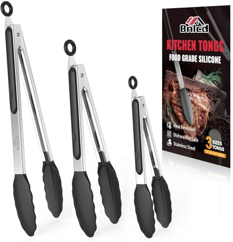 600ºF Heat Resistant Kitchen Tongs, Premium Locking Cooking Tongs with Silicone Tips, Non-Slip Food Tongs for Cooking, Non-Stick, Heavy Duty Stainless Steel Handle, Set of 3-7 9 and 12 Black