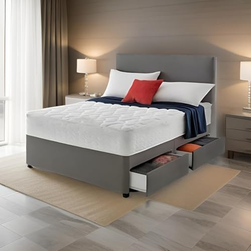 Påkostad grå mocka divan säng set med kviltad 25 cm minnessamling madrass och 50 cm huvudgavel (dubbel 4FT6, 2 lådor)