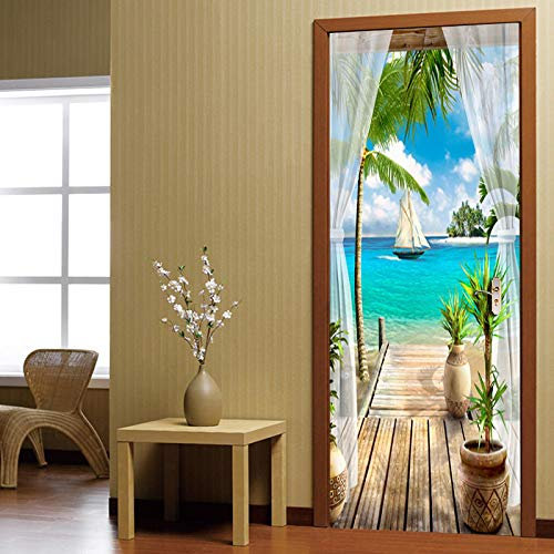 ADYNL Sticker Porte 3D Trompe l'oeil Balcon Voile Vue Mer Autocollant Poster De Porte Auto-Adhésif Vinyle Affiche De Porte Sticker Mural Chambre Salle De Bain Papier Peint Art Décor 77X200Cm