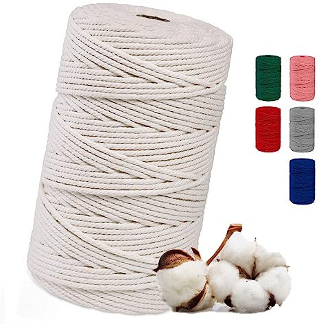 Filato macramè Beige 3mm x 100m, 3mm/4mm x 200m, filato di cotone per artigianato fai da te | Cordoncino di cotone per lavorare a maglia | Corda in cotone per appendere arazzi e piante