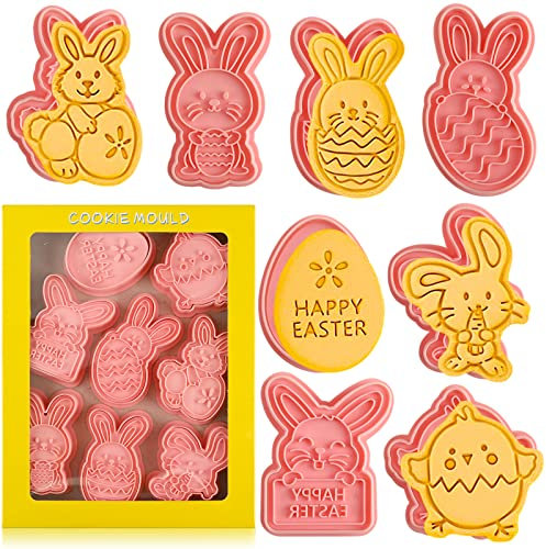 Easter Cookie Cutters Set, 8 Pcs Cookie Cutter with Plunger Stamps, 3D Cookie Stamps for Easter Biscuit Snacks Cheese Baking