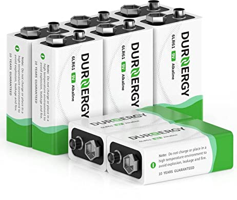 DURNERGY 9V Batteries, 9 Volt Batteries 8 Pack,10-Year Shelf Life, 9V Batteries for Smoke Alarms, Guitar Pedals, Microphone, Smoke Detector Battery, Square Batteries 6LR61 9V Alkaline Batteries