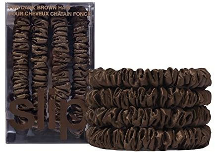 slip Silk Skinny Scrunchies - Dark Brown | Set of 4 Skinny Scrunchies | 100% Mulberry Silk, Anti-Crease, Gentle on Hair, Reduces Breakage | Stylish & Durable, Ideal for All Hair Types