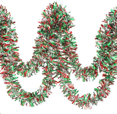 CCINEE 32.8 Feet Christmas Tinsel Garland,Metallic Tinsel Twist Garland Shiny Hanging Decoration for Party Supplies Xmas Tree Home Stairs Indoor Outdoor Decor(Red Green Sliver)