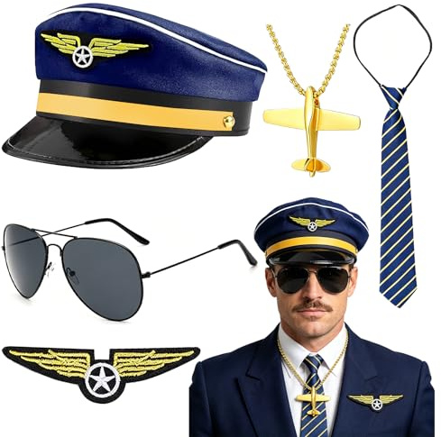 PIUMOJ Airline Pilot Captain Costume - 5PCS Accessori da Capitano Pilota, Include cappello regolabile, occhiali da sole da pilota e distintivi - Costume cosplay di Halloween veloce per uomo e donna