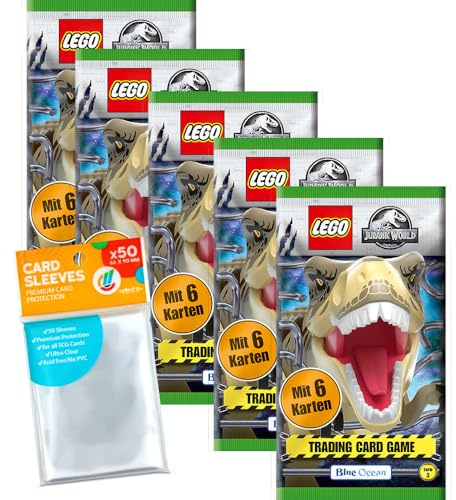 Bundle mit Blue Ocean LEGO Jurassic World - Serie 3 Trading Cards - 5 Booster + Exklusive Collect-it Hüllen