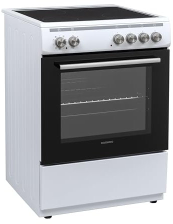 Daewoo F6EV22WL2DE Standherd mit Glaskeramik-Kochfeld, A, Garraumvolumen: 65 L, 8 Beheizungsarten mit Ober-/Unterhitze, Leicht-Reinigungs Email, 4 Kochzonen, Weiß