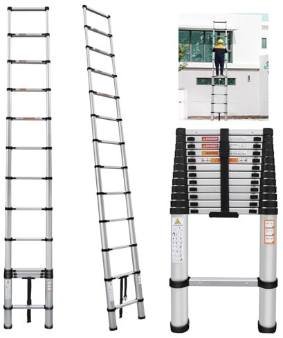 Scala telescopica in alluminio, 5 m, scala multiuso con design a decelerazione, portata 150 kg, 12 gradini, gradini con disegno antiscivolo, adatta per i lavori quotidiani a casa o all'aperto