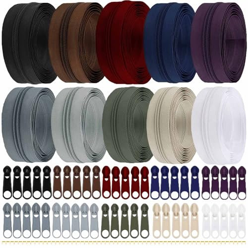 Duscdesp 30M 10 Farben Reißverschluss Endlosreißverschluss mit Zipper, DIY Reissverschluss Teilbar mit 50 Schieber, Reißverschluss Reparaturset für Nähen, Basteln und Tasche (10 Farbe Dunkel)