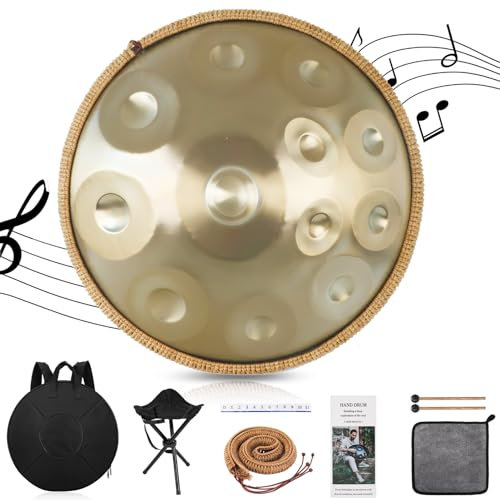 Handpan Drum, 12 Töne 22 Zoll Steel Instrument 440/432h Gold in D Minor Zungentrommel Mit Weicher Tasche, Schlägeln, Handtrommelständer für Anfänger, Profis, Musiktherapie (440Hz)