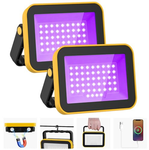 LED Construction Spotlight Battery UV, T-SUNUS Black Light Spotlight Battery UV Rechargeable LED Work Spotlight IP66 Waterproof Black Light with Magnet Ultraviolet Light for Halloween Poster Party