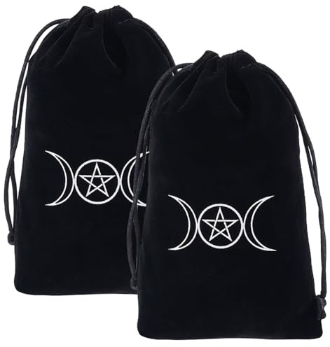 CREATCABIN 2Pcs Black Tarot Storage Bag Velvet Drawstring Packing Pouches Pentagram Moon Gift Bag Protective for Witch Tarot Dice Card Jewelry Crystal Fortune Telling Card Pouch Halloween 7.1x4.7Inch
