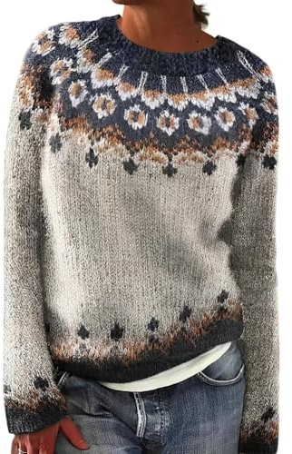 Women's Casual Colorful Retro Knitted Fair Isle Print Sweater 2024 Trendy Fall Winter Oversized Lightweight Pullover Tops