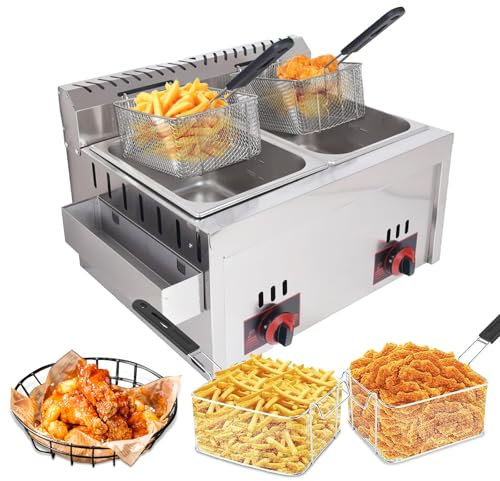 KOSHSH Friteuse Gaz Professionnelle, Friteuse 6Lx2 avec Double Couvercle Thermostat de Sécurité Friteuse, Friteuse LPG en Acier Inoxydable, Idéale pour Frites Commerciales en Restaurant Familial