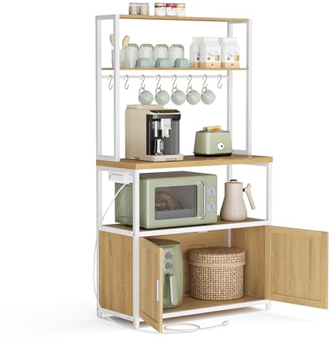 VASAGLE Kitchen Bakers Rack with Power Outlet, Coffee Bar with 35.4-Inch High Worktop, Microwave Stand with 8 Hooks, 15.7 x 31.5 x 66.9 Inches, Golden Oak and Cloud White UKKS059Y01