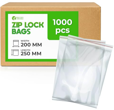 V1 TRADE Sachets Zip – Sachets Plastiques 200 x 250 mm – 1000 Pièces | Sachets refermables résistants pour le rangement et l'organisation des aliments, accessoires, bricolage et petites pièces.