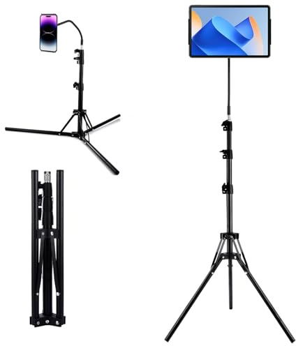 AKOLAFE iPad Tripod Stand Floor Phone Stand Gooseneck with 360° Rotating iPad Tripod Mount, 165cm Adjustable Height for All 12cm to 18cm Mobile Phones, iPads