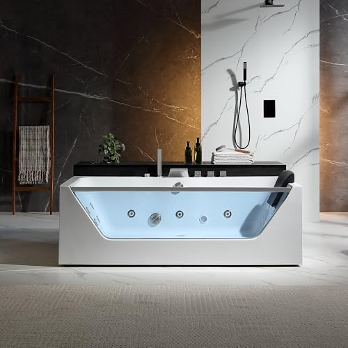 Empava Acrylic Whirlpool Bathtub, 71-Inch Jetted Bathtub with Heater, 10 Jets Hydromassage with Chromatherapy, 3-Side Apron with LED Control Panel, Waterfall & ETL Certified, Blcak Pillow